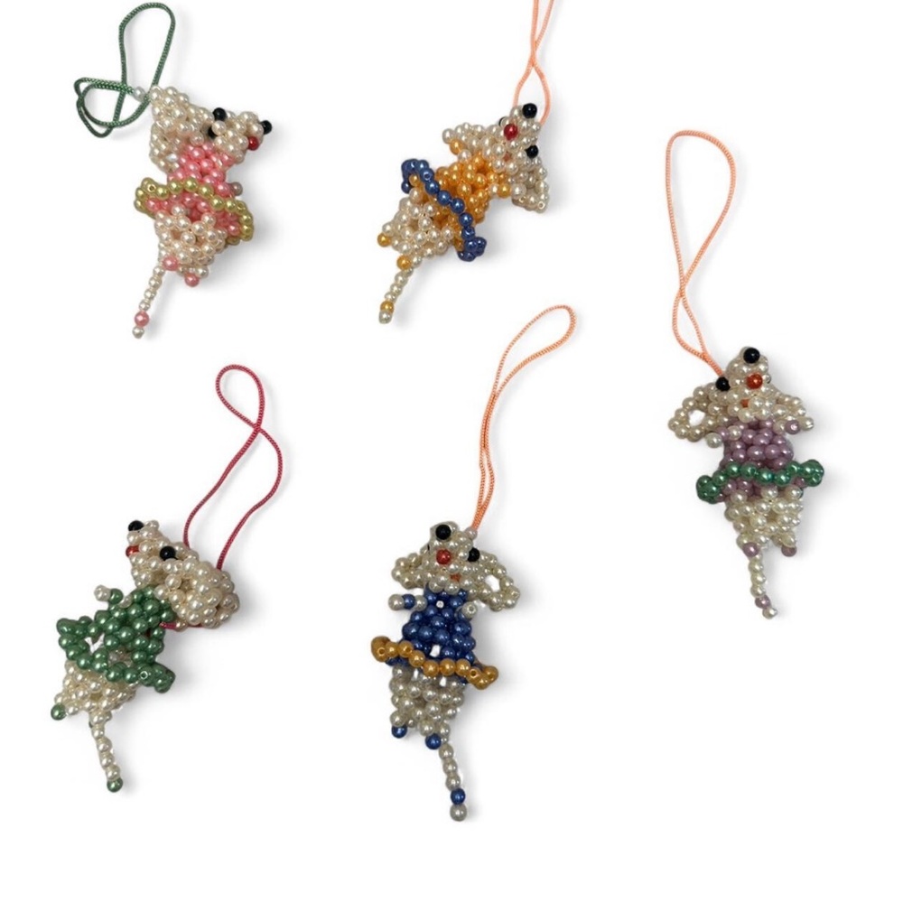 Set of 5 Handmade 3D Beaded Ballerina Mouse Ornaments